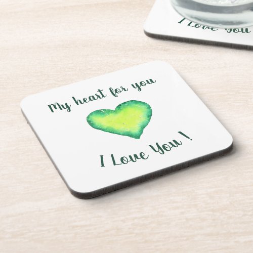 I Love You  Green and Blue Heart Valentines Day  Beverage Coaster