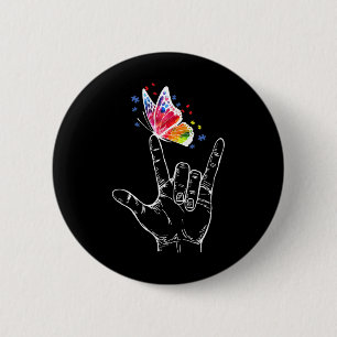 I Love You Hand Sign Language Butterfly Autism Awa Button