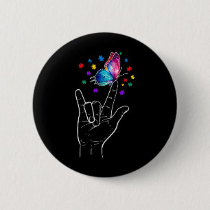 I Love You Hand Sign Language Butterfly Autism Awa Button