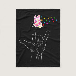 I Love You Hand Sign Language Butterfly Autism Awa Fleece Blanket