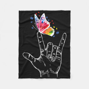 I Love You Hand Sign Language Butterfly Autism Awa Fleece Blanket