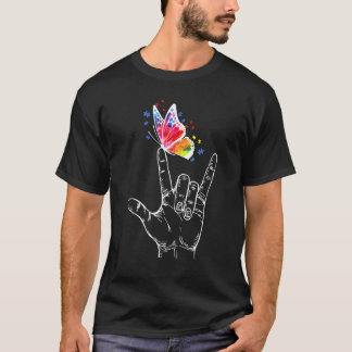 I Love You Hand Sign Language Butterfly Autism Awa T-Shirt