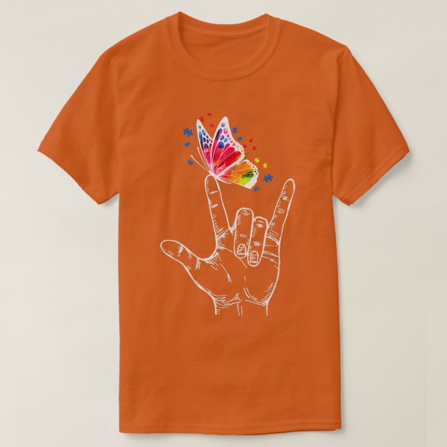 I Love You Hand Sign Language Butterfly Autism Awa T-Shirt (Design Front)