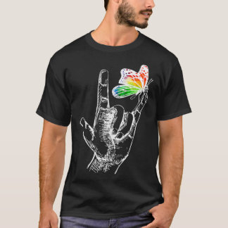 I Love You Hand Sign Language Butterfly Autism Awa T-Shirt