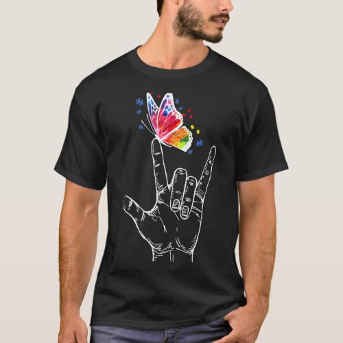I Love You Hand Sign Language Butterfly Autism Awa T_Shirt