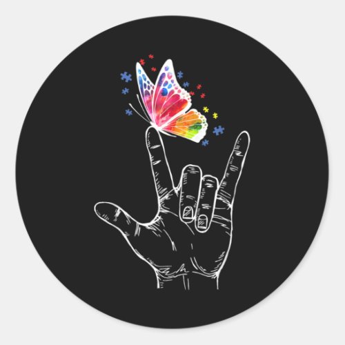 I Love You Hand Sign Language Butterfly Autism Classic Round Sticker