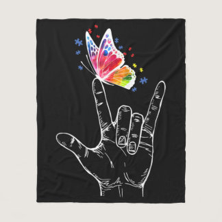 I Love You Hand Sign Language Butterfly Autism Fleece Blanket