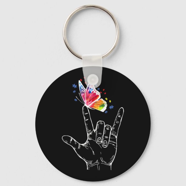 I Love You Hand Sign Language Butterfly Autism Keychain (Front)