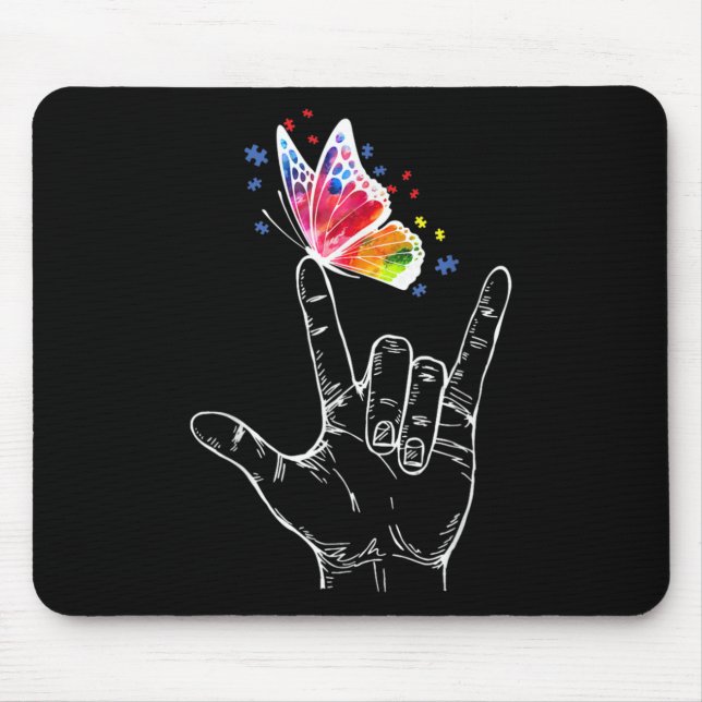 I Love You Hand Sign Language Butterfly Autism Mouse Pad (Front)