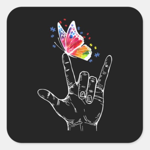 I Love You Hand Sign Language Butterfly Autism Square Sticker