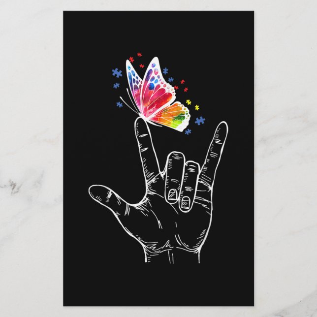 I Love You Hand Sign Language Butterfly Autism Stationery (Front)