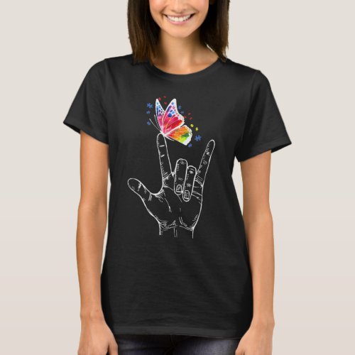 I Love You Hand Sign Language Butterfly Autism T_Shirt