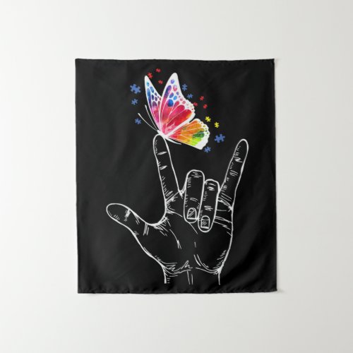 I Love You Hand Sign Language Butterfly Autism Tapestry