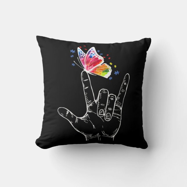 I Love You Hand Sign Language Butterfly Autism Throw Pillow (Front)