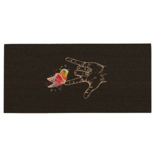 I Love You Hand Sign Language Butterfly Autism Wood Flash Drive