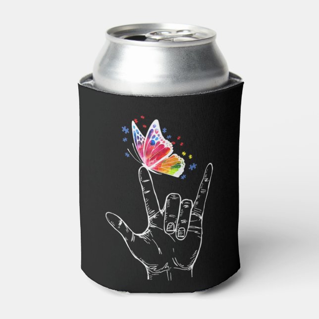 I Love You Hand Sign Language Butterfly Puzzle Pie Can Cooler (Can Front)
