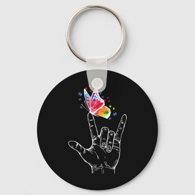 I Love You Hand Sign Language Butterfly Puzzle Pie Keychain (Front)