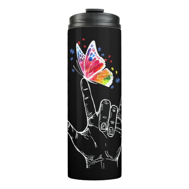 I Love You Hand Sign Language Butterfly Puzzle Pie Thermal Tumbler (Front)