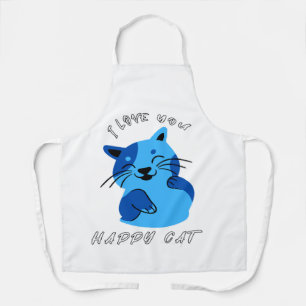 I Love You Happy Cat Apron, Cute Blue Kitty Kitch Apron