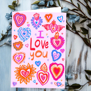 I LOVE YOU Happy Valentine Bright Whimsical Hearts Card