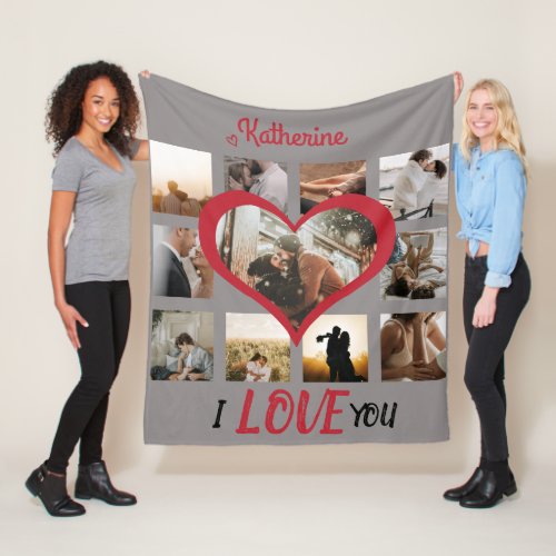 I Love You Heart Photo Collage Stylish Red Script Fleece Blanket
