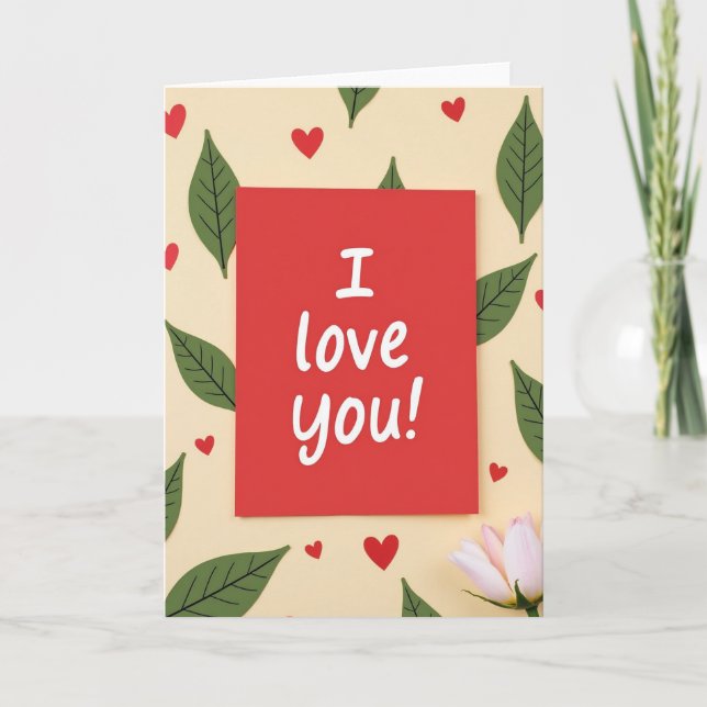 I Love You Hearts Leaves Pattern Card (Front)