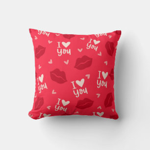 I Love You Hearts Lips Kisses Red Romantic Throw Pillow