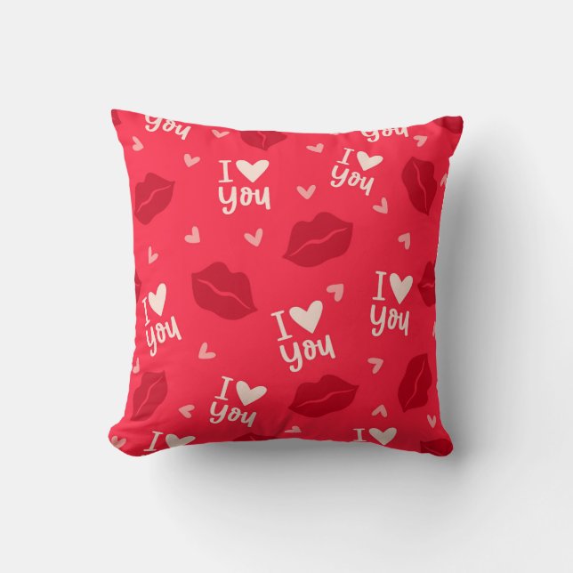 I Love You Hearts Lips Kisses Red Romantic Throw Pillow (Front)