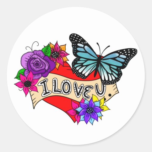 I Love You  Hearts Roses and Butterflies Classic Round Sticker