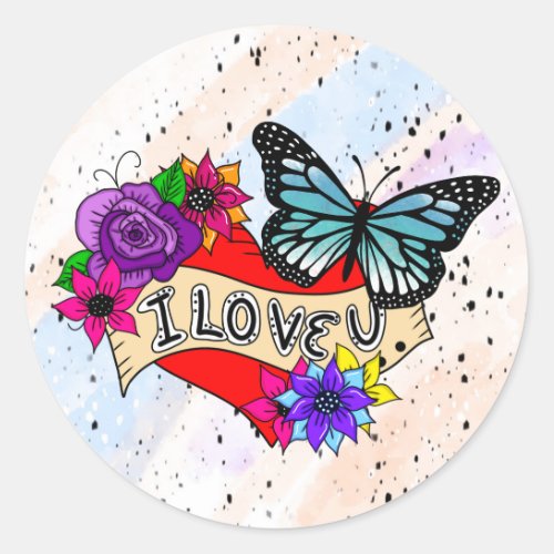 I Love You  Hearts Roses and Butterflies  Classic Round Sticker