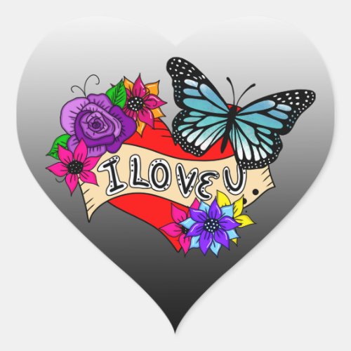 I Love You  Hearts Roses and Butterflies  Heart Sticker