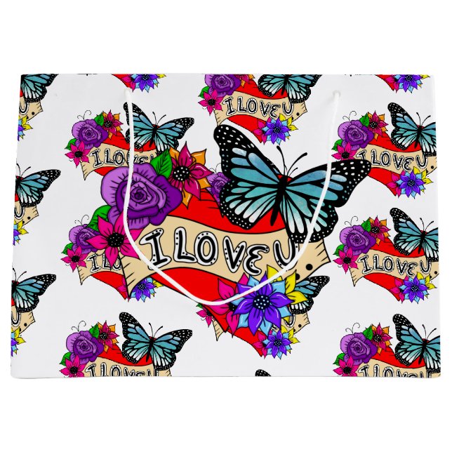 I Love You | Hearts, Roses and Butterflies  Large Gift Bag (Front)