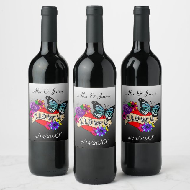 I Love You | Hearts, Roses and Butterflies    Wine Label (Bottles)