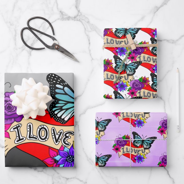 I Love You | Hearts, Roses and Butterflies Wrapping Paper Sheets (Front)