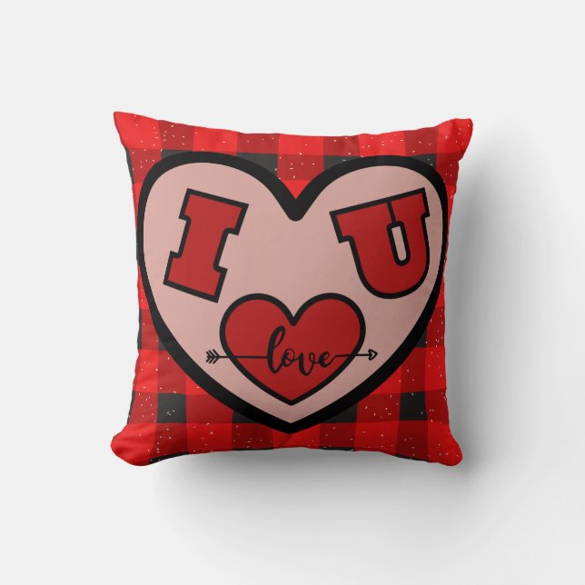 I Love You (I <3 U) Red and Black Plaid Pillow (Front)