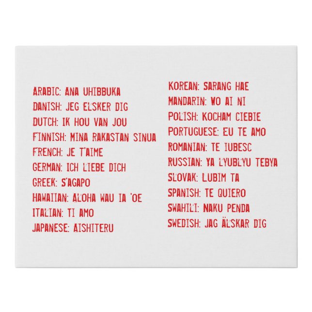 I love you in 20 different Languages Faux Canvas Print (Front)