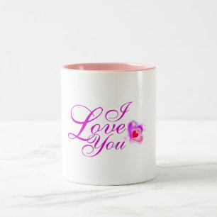 I Love You in Pink Text with Hearts Two-Tone Coffee Mug