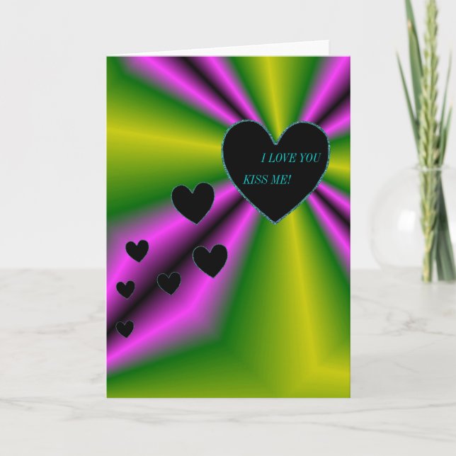 I LOVE YOU -Kiss me - Black Heart on purple green Card (Front)