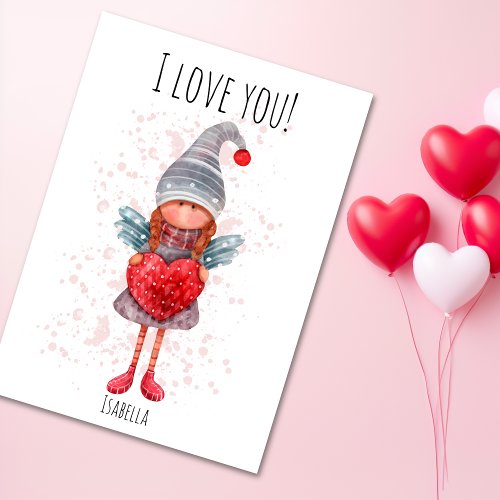 I Love You Lady Gnome With Red Heart Pun Valentine Holiday Card