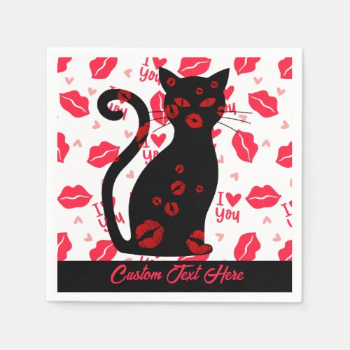 I Love You Lip Kiss Black Cat Romantic Personalize Napkins