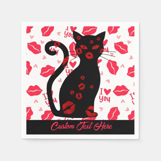 I Love You Lip Kiss Black Cat Romantic Personalize Napkins (Front)