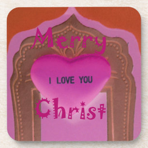 I love You Merry Christmas Heart Beverage Coaster