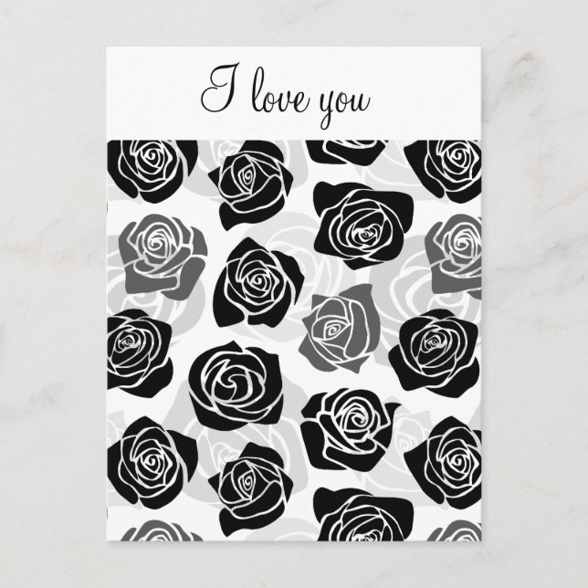 I love you Modern Black Gray White Rose Flower Postcard (Front)
