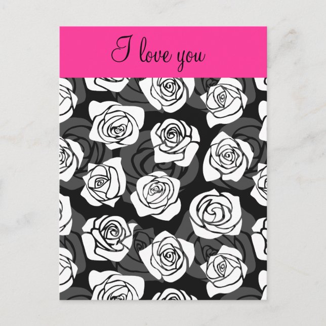 I love you Modern Chic Black White Rose Flower Postcard (Front)