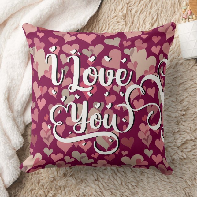 I Love You Modern Cute Pink Girly Heart Pattern Throw Pillow (Blanket)