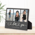 I Love You Modern Heart Script Photo Collage Plaque<br><div class="desc">I Love You! Great custom photo gift for grandparents, Valentine's Day, Mother's or Father's Day, or the Holidays: This modern photo plaque is easy to customize with your 3 favorite photos. The text below can be personalized to read the name of the child or family members as well another possible...</div>