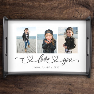 I Love You Modern Heart Script Photo Collage Serving Tray