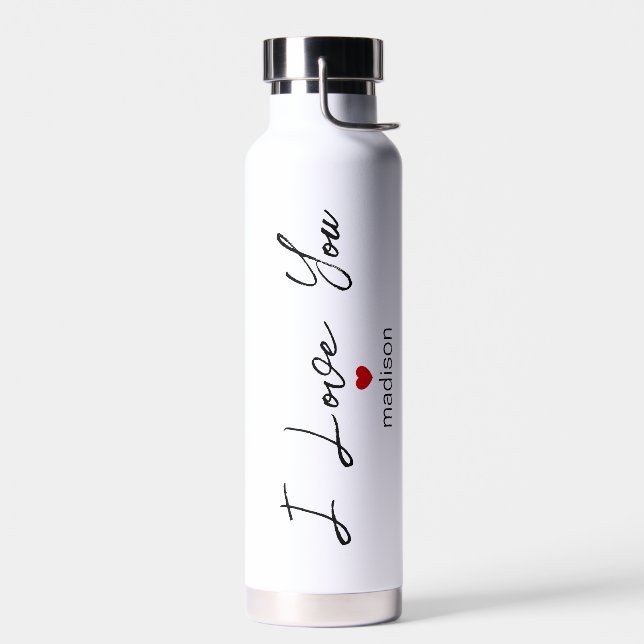I Love You Modern Script Typography Red Heart Name Water Bottle (Left)
