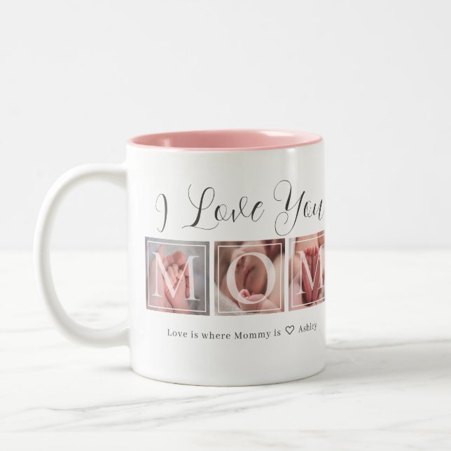I Love You Mom 3 Photo Collage Two-Tone Coffee Mug (Left)