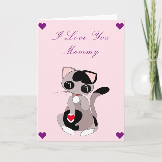 I Love You Mom Baby Card Cat with Heart Gift (Front)